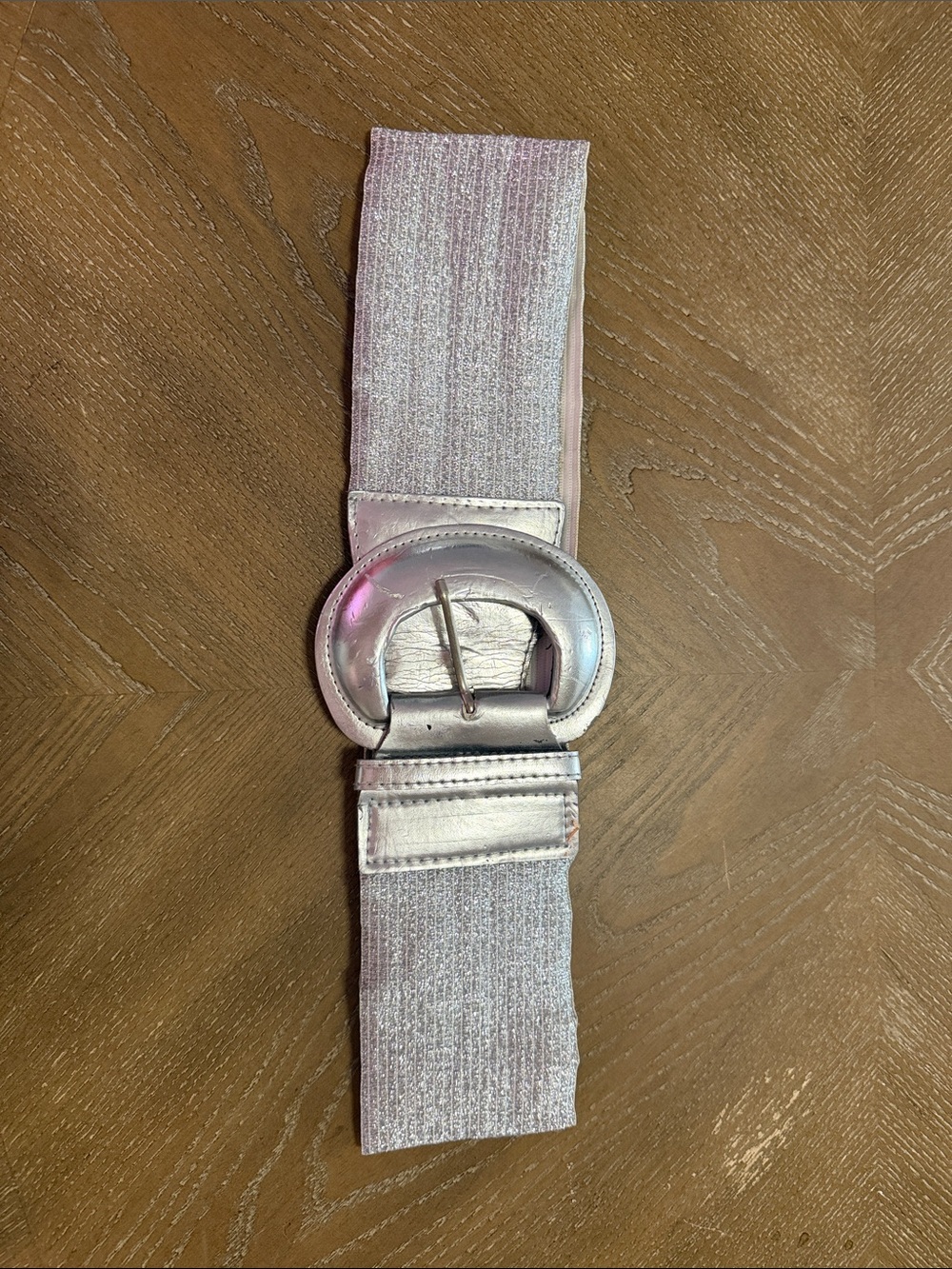Metallic Silver Stretch Belt with Round Buckle